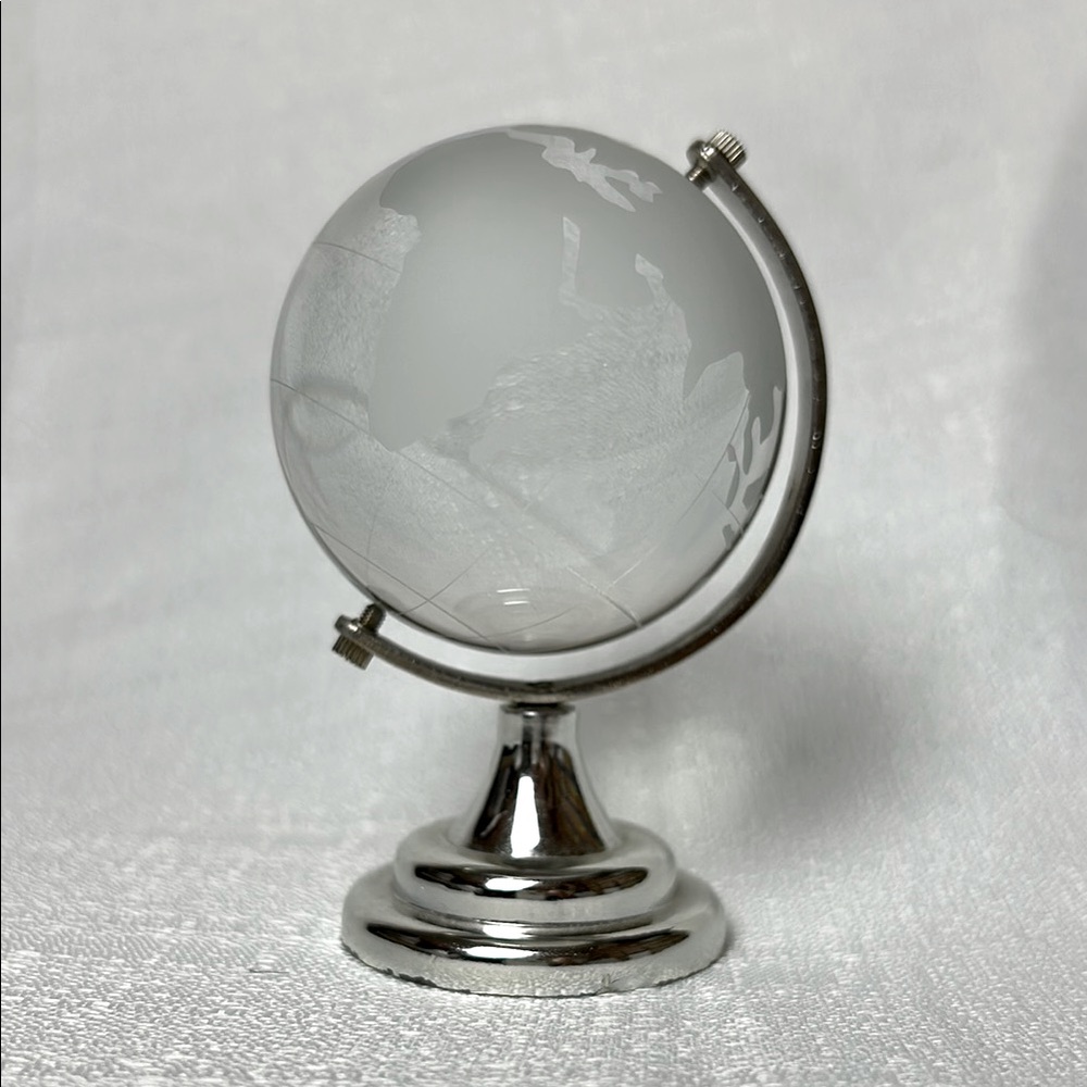Decorative Glass Etched World Globe on silver stand